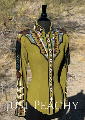 DarDar8 Designs horse show day shirt in olive moss green with copper brown accents