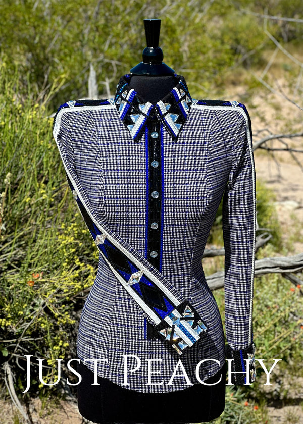 DarDar8 Designs western horsemanship shirt in black white and blue plaid
