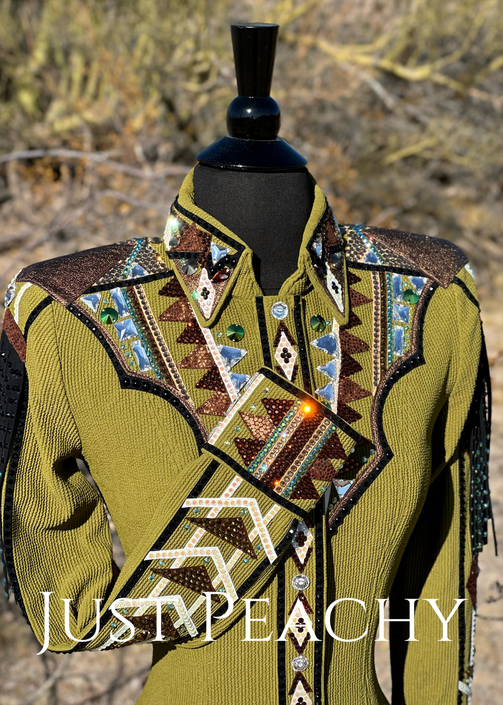 DarDar8 Designs horse show day shirt in olive moss green with copper brown accents