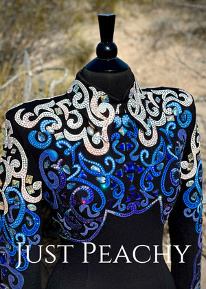 Western horsemanship shirt by DarDar8 Designs in blue, black and white. 