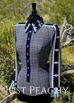 DarDar8 Designs western horsemanship shirt in black white and blue plaid