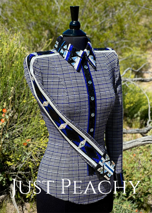 DarDar8 Designs western horsemanship shirt in black white and blue plaid