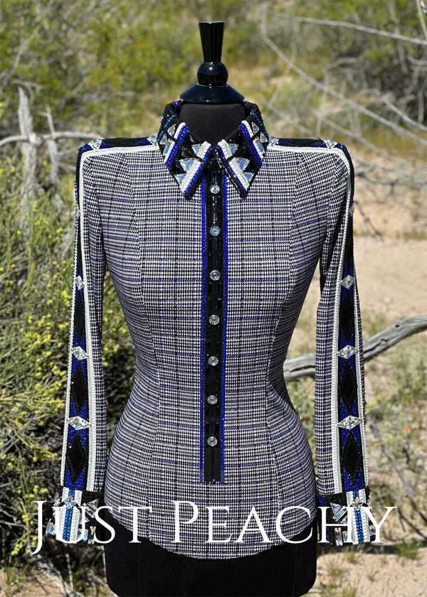 DarDar8 Designs western horsemanship shirt in black white and blue plaid