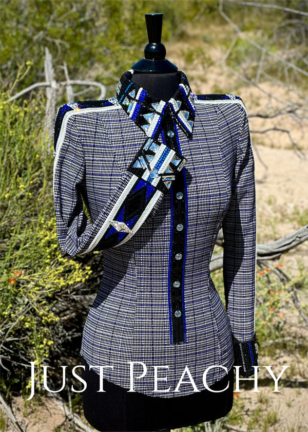 DarDar8 Designs western horsemanship shirt in black white and blue plaid