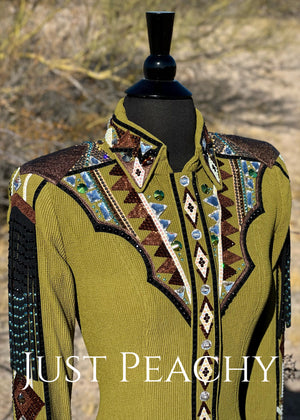 DarDar8 Designs horse show day shirt in olive moss green with copper brown accents
