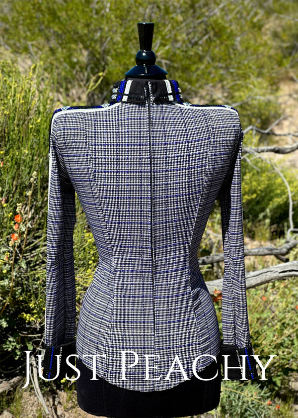 DarDar8 Designs western horsemanship shirt in black white and blue plaid