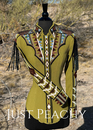 DarDar8 Designs horse show day shirt in olive moss green with copper brown accents