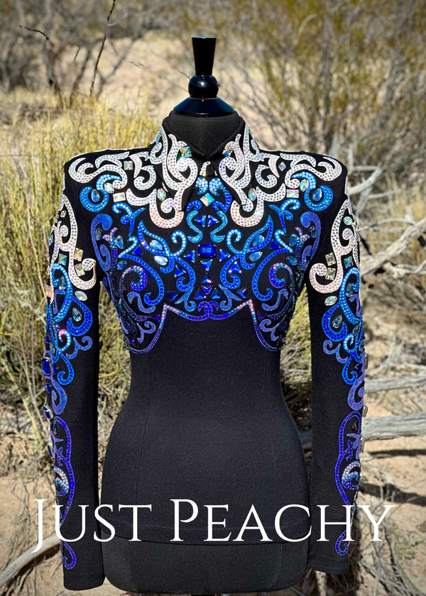 Western horsemanship shirt by DarDar8 Designs in blue, black and white. 