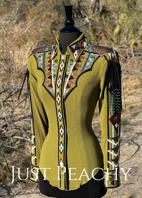 DarDar8 Designs horse show day shirt in olive moss green with copper brown accents