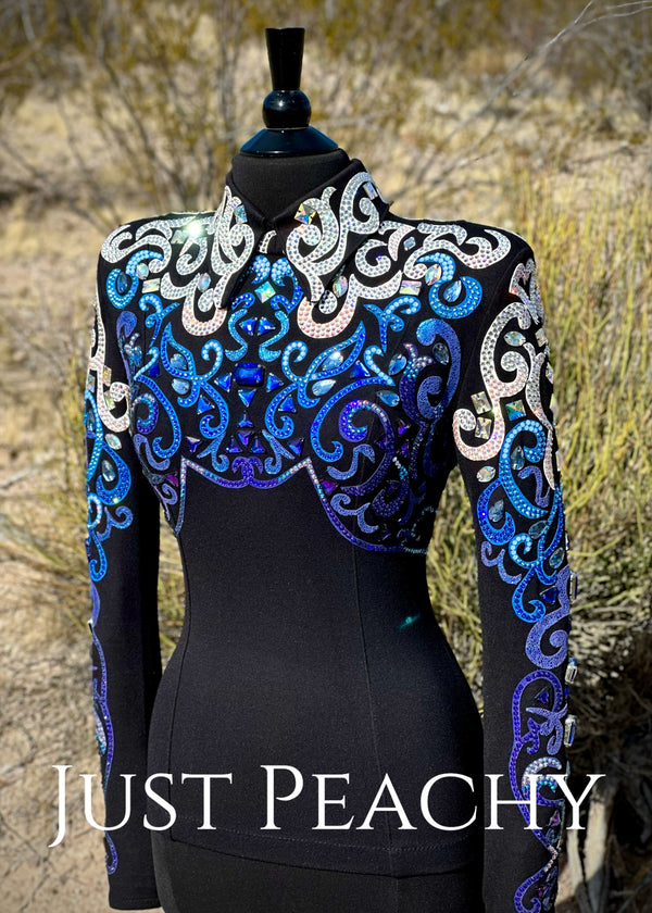Western horsemanship shirt by DarDar8 Designs in blue, black and white. 