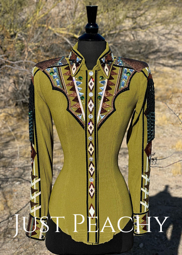 DarDar8 Designs horse show day shirt in olive moss green with copper brown accents