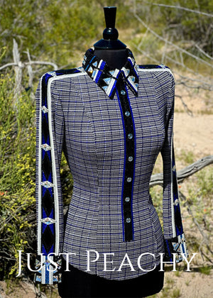 DarDar8 Designs western horsemanship shirt in black white and blue plaid