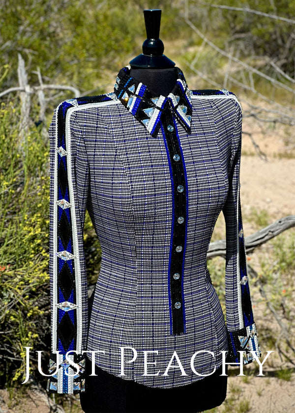 DarDar8 Designs western horsemanship shirt in black white and blue plaid