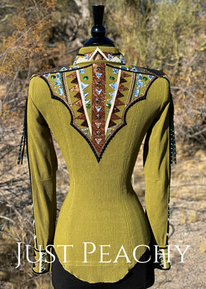DarDar8 Designs horse show day shirt in olive moss green with copper brown accents