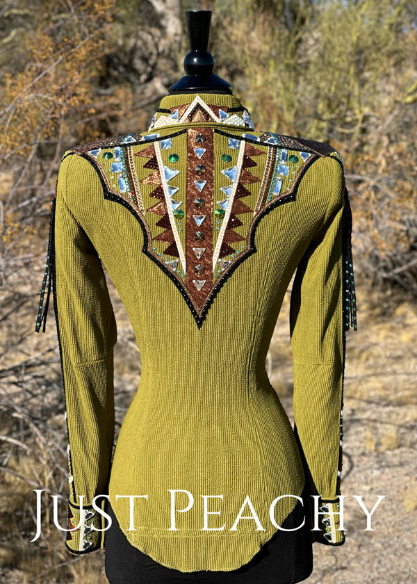 DarDar8 Designs horse show day shirt in olive moss green with copper brown accents