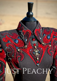 Black western horsemanship shirt with embellished design in red