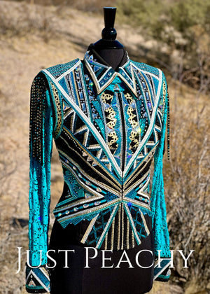 DarDar8 Designs western horse show vest set in teal, black and gold