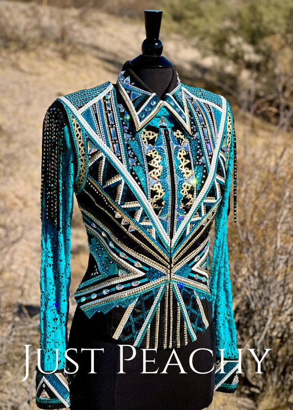 DarDar8 Designs western horse show vest set in teal, black and gold