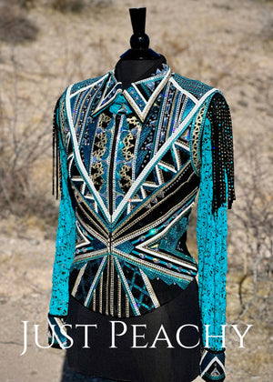 DarDar8 Designs western horse show vest set in teal, black and gold