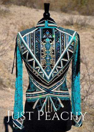 DarDar8 Designs western horse show vest set in teal, black and gold