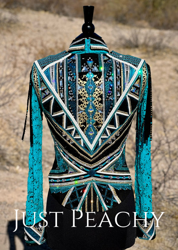 DarDar8 Designs western horse show vest set in teal, black and gold