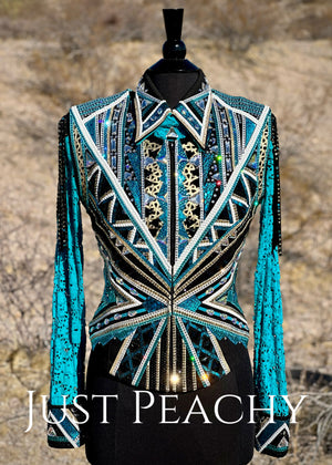 DarDar8 Designs western horse show vest set in teal, black and gold