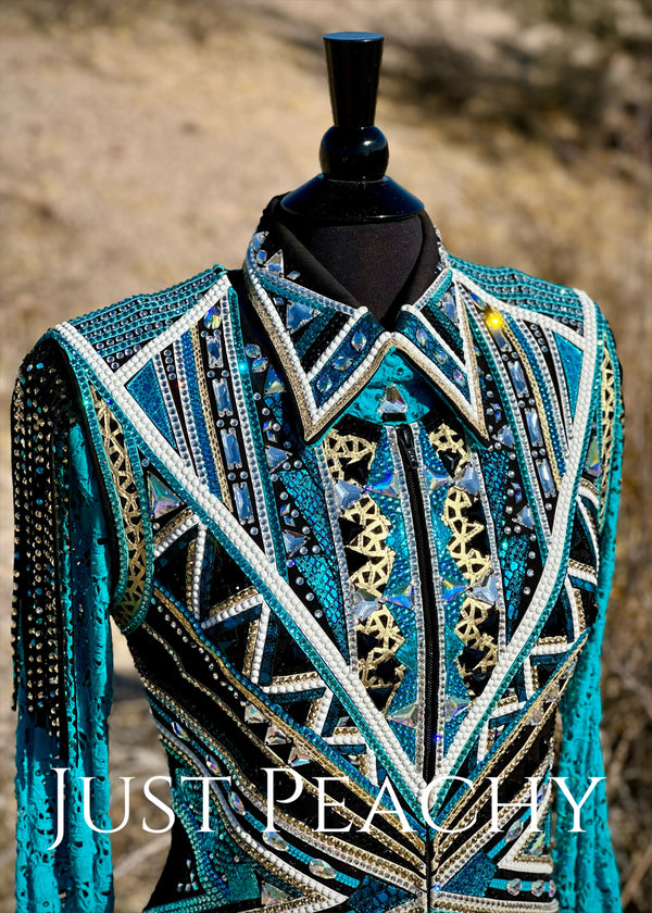 DarDar8 Designs western horse show vest set in teal, black and gold