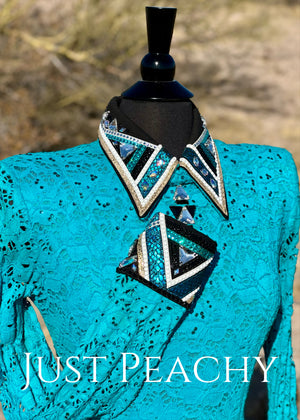 DarDar8 Designs western horse show vest set in teal, black and gold