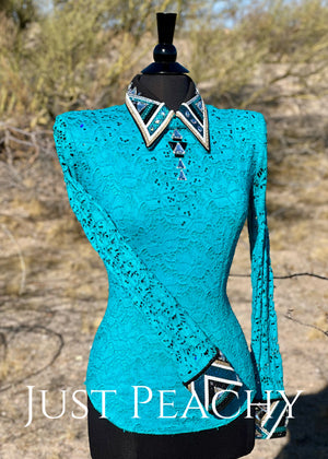 DarDar8 Designs western horse show vest set in teal, black and gold