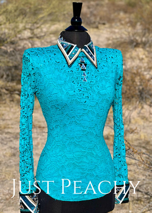 DarDar8 Designs western horse show vest set in teal, black and gold