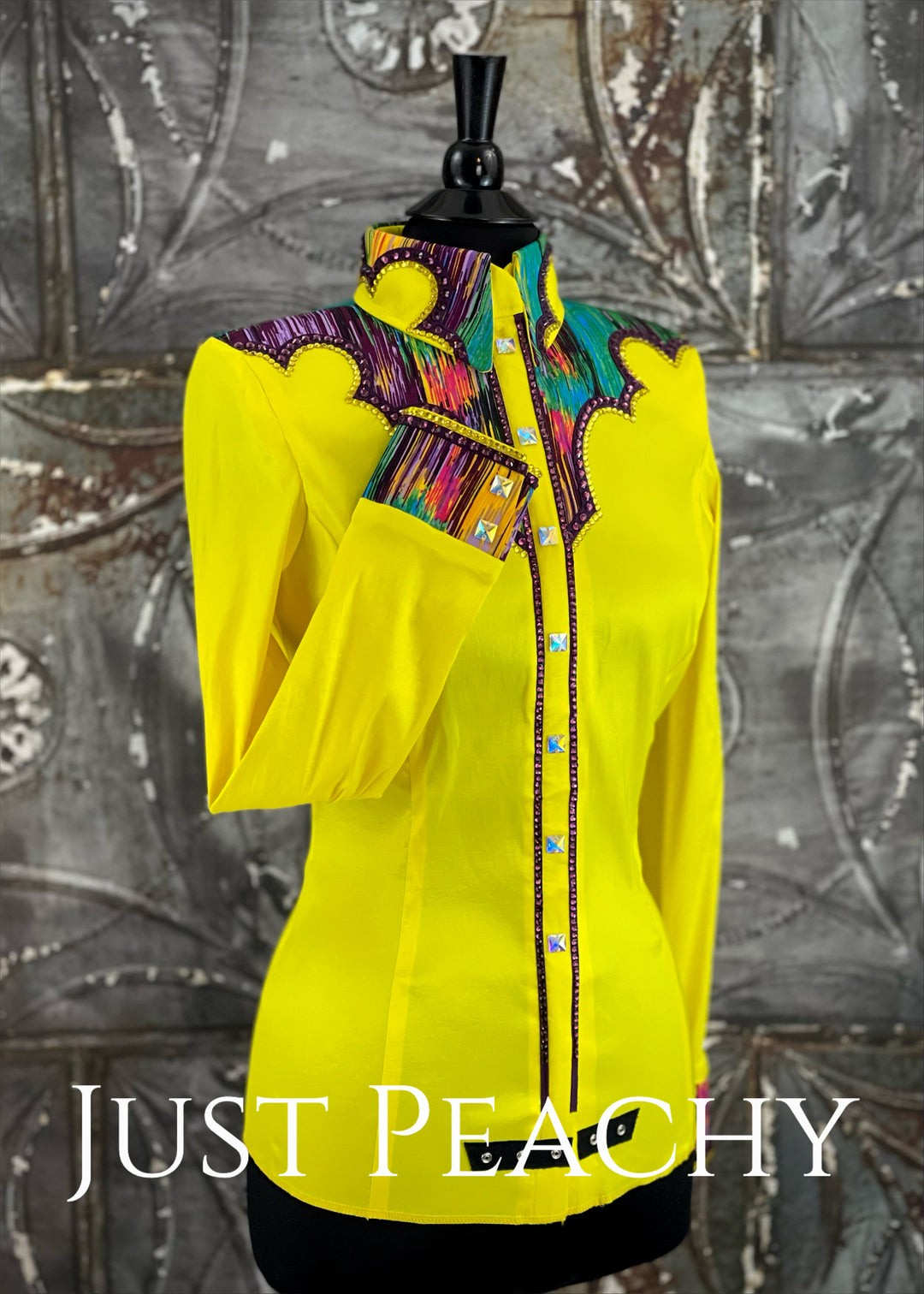 The Cosmopolitan Dress Shirt in Yellow with Purple and Teal Western Yoke ~ Ladies Medium