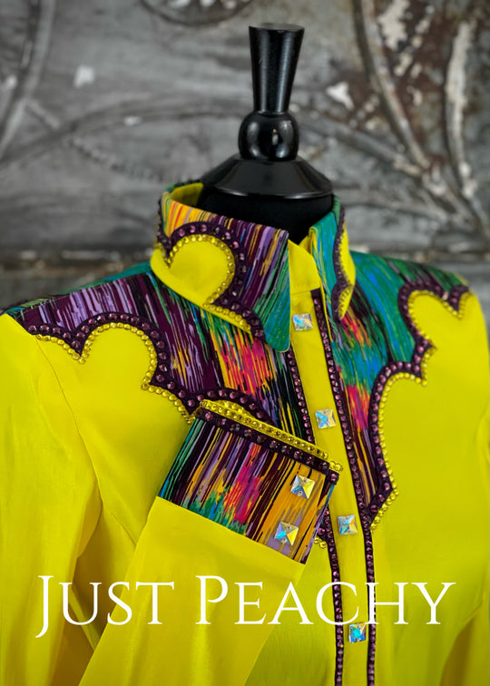 The Cosmopolitan Dress Shirt in Yellow with Purple and Teal Western Yoke ~ Ladies Medium