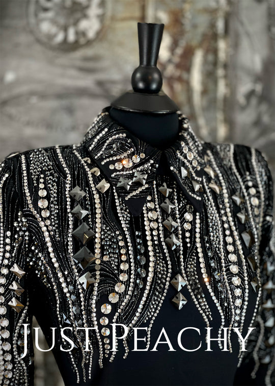 Black and Silver Cascading Crystal Horsemanship Shirt {Medium}