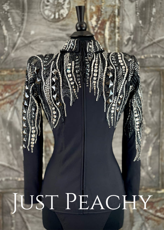 Black and Silver Cascading Crystal Horsemanship Shirt ~ Ladies Medium