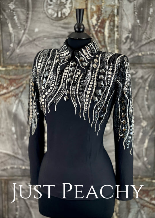 Black and Silver Cascading Crystal Horsemanship Shirt ~ Ladies Medium
