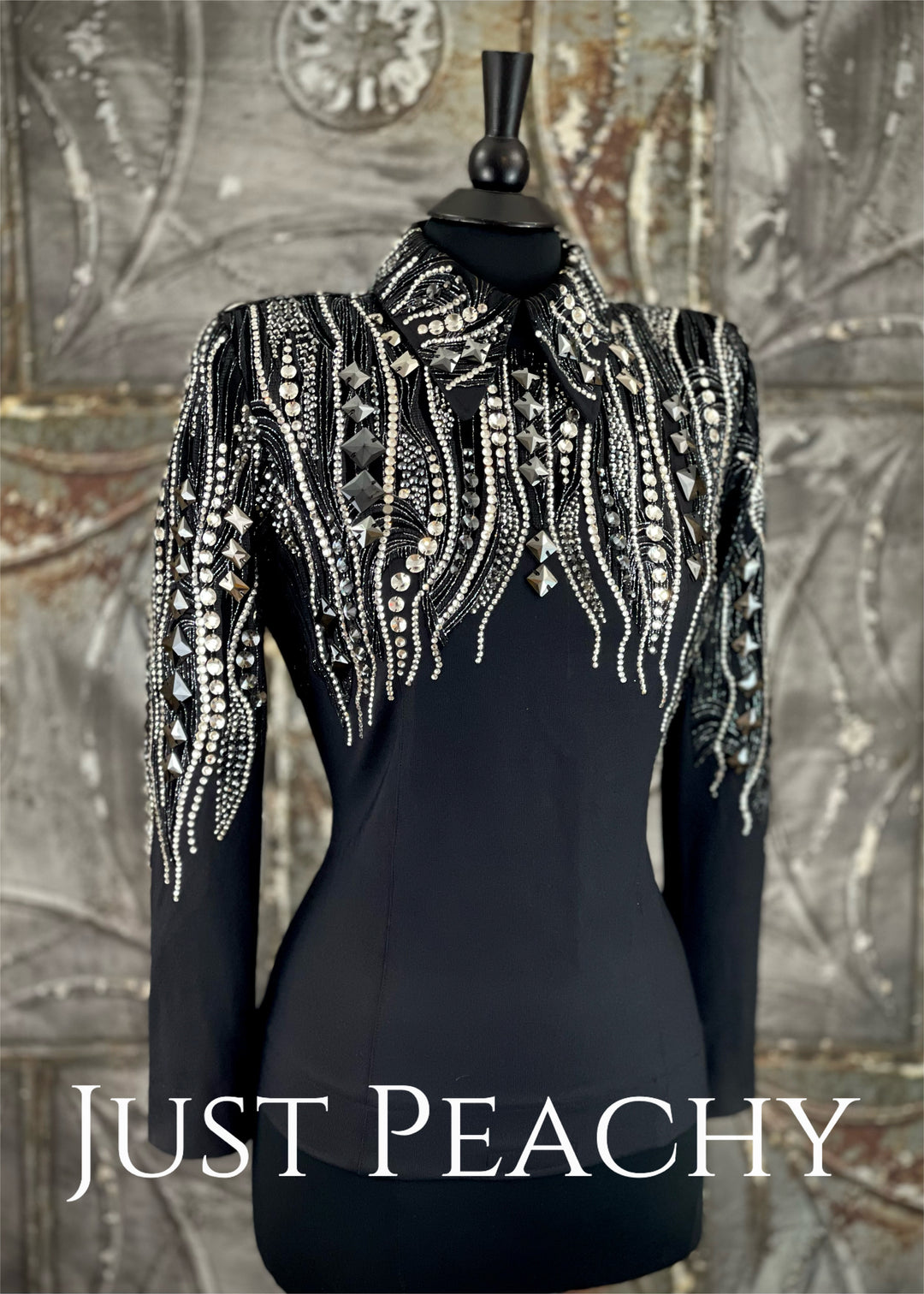 Black and Silver Cascading Crystal Horsemanship Shirt {Medium}
